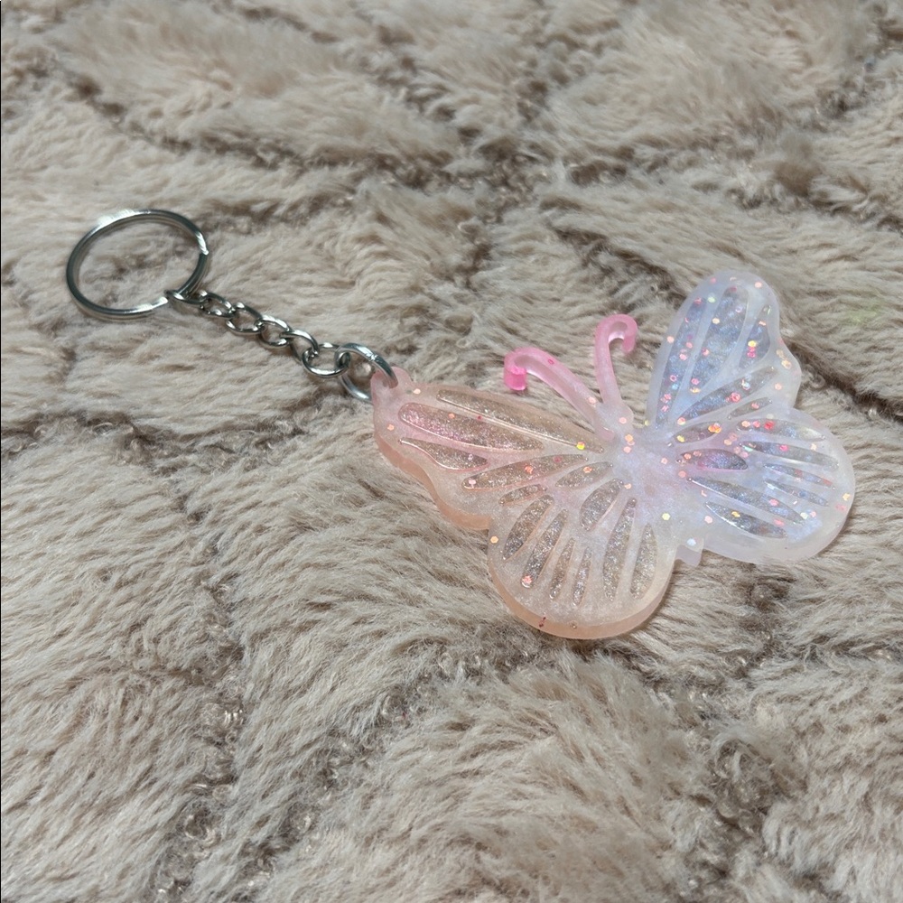Butterfly Keychain in Pink and White with lobster clasp